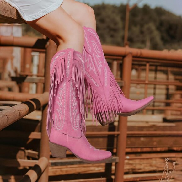 Women's Pink Fringe Knee High Cowgirl Western Boots with Embroidery Pointed Toe - Picture 3 of 6